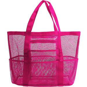 Mesh Beach Bag-Large Tote Bag for Family,Tote Bag with Zipper Pocket for Pool,Toys & Vacation Essentials, Rose Red