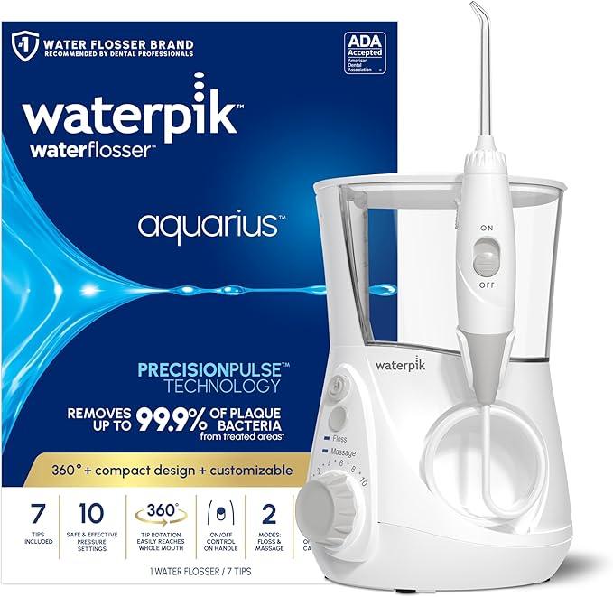 Waterpik Aquarius Water Flosser For Teeth Cleaning, Gums, Braces, Dental Care, Electric Power With 10 Settings, 7 Tips For Multiple Users And Needs, ADA Accepted, White WP-660