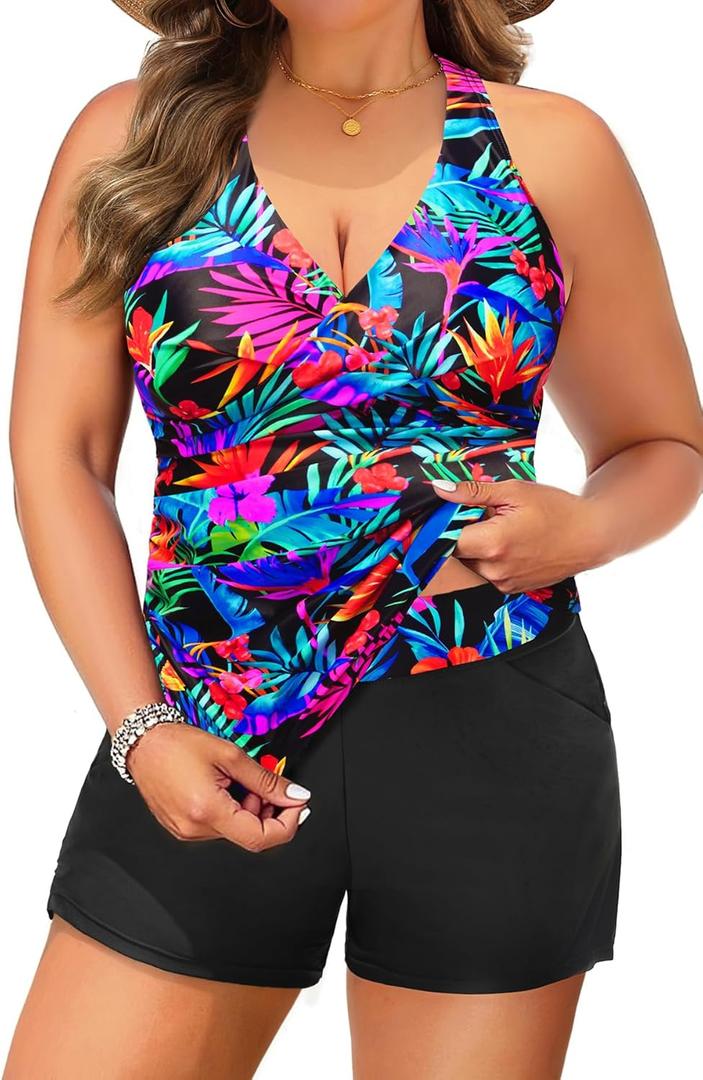 Daci Plus Size Tankini Swimsuit for Women - Two Piece Tummy Control Bathing Suit Tankini Top with Two Pockets Shorts (Colorful Leaves)