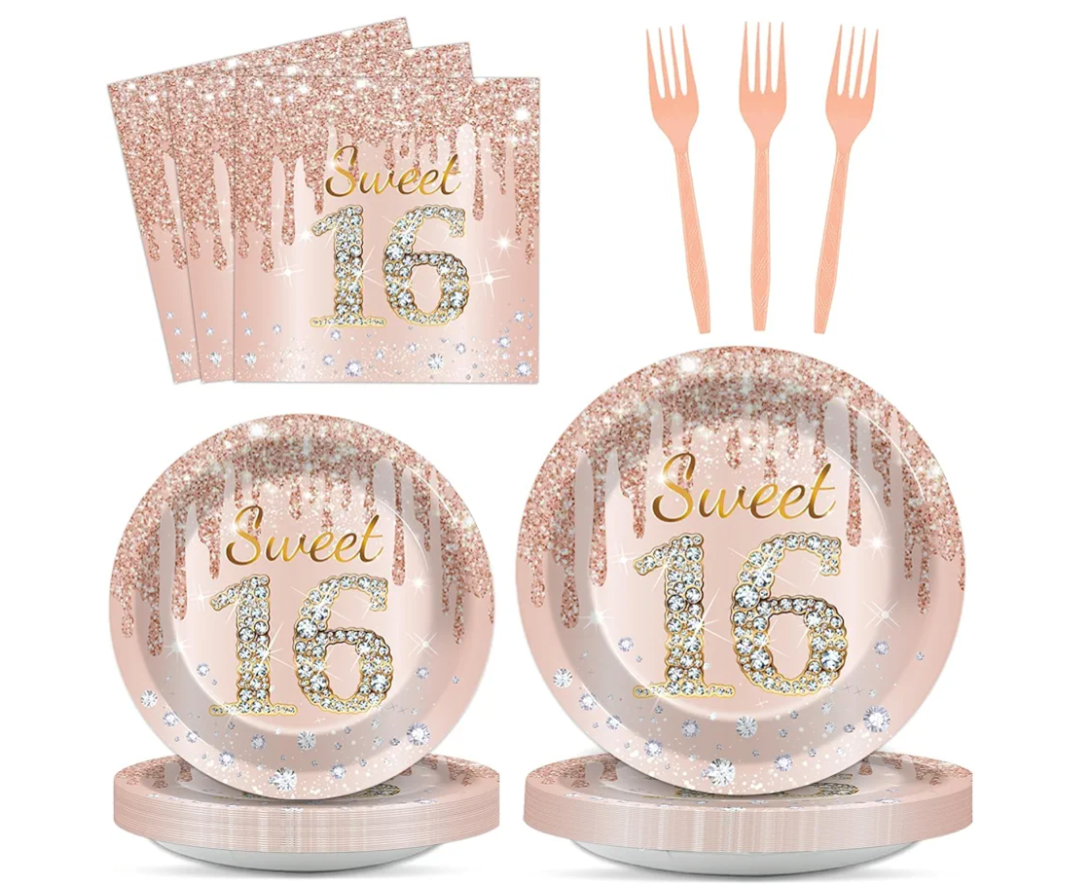 96PCS Rose Gold Sweet 16th Birthday Party Paper Plates and Napkins Sixteenth Birthday Party Decoration 16 Years Old Disposable Cake Dessert Tableware Set Serves 24 Guests Girls Ladies Supplies Favor