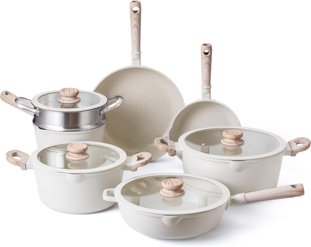 Country Kitchen Non-Stick Cast Aluminum Cookware Set - Durable Kitchen Cookware for Everyday Cooking, Cream Round Handle, 11 Pc.