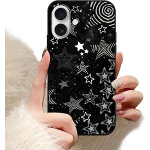 for iPhone 16 6.1'' Cute Cool Black Star Phone Case, Aesthetic Trendy Y2K Stars Silicone Matte Pattern Design Phone Cover Soft Slim Frame TPU Protective Shockproof Case for Women Girls