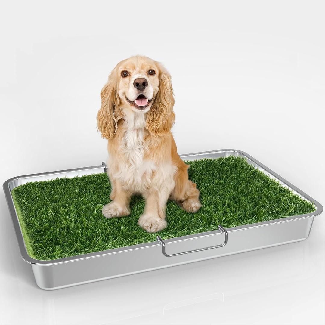 Dog Grass Pad with Tray, Grass Pad for Dogs Potty 24" X 17.7", Stainless Steel Tray & Grate, 1 Pcs Replacement Artificial Grass Mats, Portable Dog Toilet for Indoor and Outdoor Use