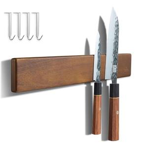 ENOKING 16 Inch Strong Magnetic Knife Holder for Wall, Solid Acacia Wood Knife Bar with 4 Hooks, 3-Way Installation: No-Drill Wall Mount, Screw Mount, & Refrigerator Slip-Proof Magnet Strip