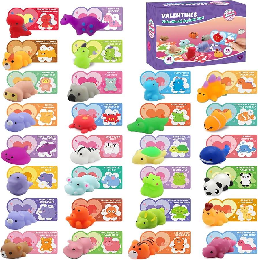 SURCVIO 28 Pack Valentines Day Gifts for Kids, Mochi Squishies Party Favor Set with Filled Hearts and Valentines Greeting Cards, Valentine's Day School Prize Party Favor, Classroom Exchange Gift Set