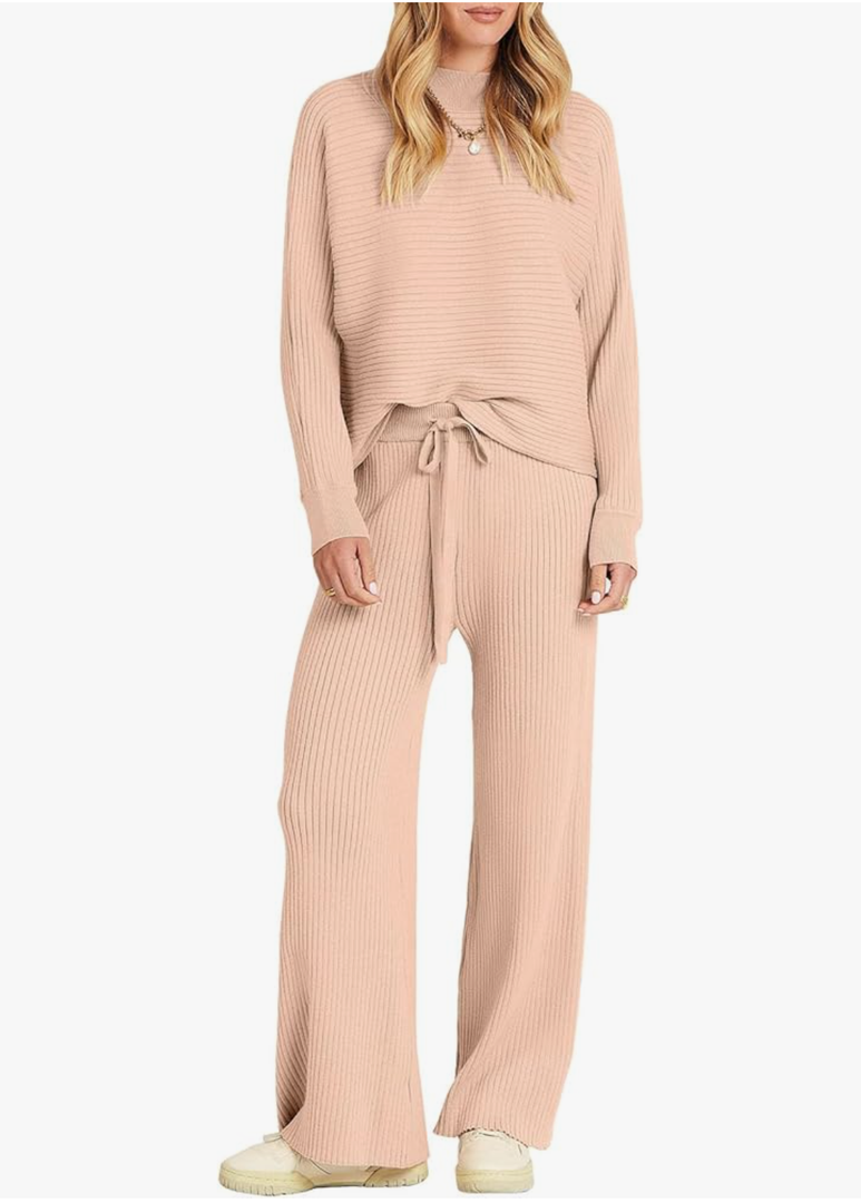 ANRABESS Women's Two Piece Outfits Crop Top Wide Leg Pants Cozy Knit Sweater Lounge Sets 2024 Fall Trendy Travel Clothes, Size L