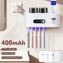 Toothbrush Holder with UV Sanitizer and Toothpaste Dispenser, Timer Display with Wall Mounted Smart Toothbrush Organizer for Bathroom, with 2 Cups and Automatic Sterilization Function, White