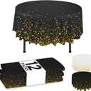 NORZEE 12-Pack Black Disposable Tablecloths, 84" Round Table Cover, Plastic Tablecloth With Gold CONFETY