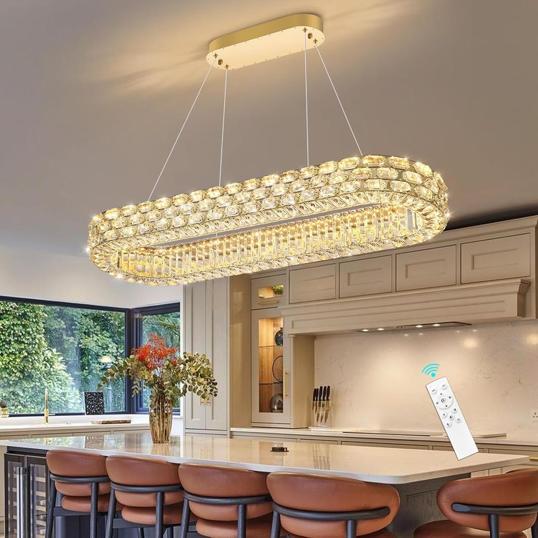 Modern Oval LED Crystal Chandelier for Dining Room Dimmbale Pendant Light with Remote Rectangular Light Fixture for Living Room Kitchen Island Gold, Oval 40"