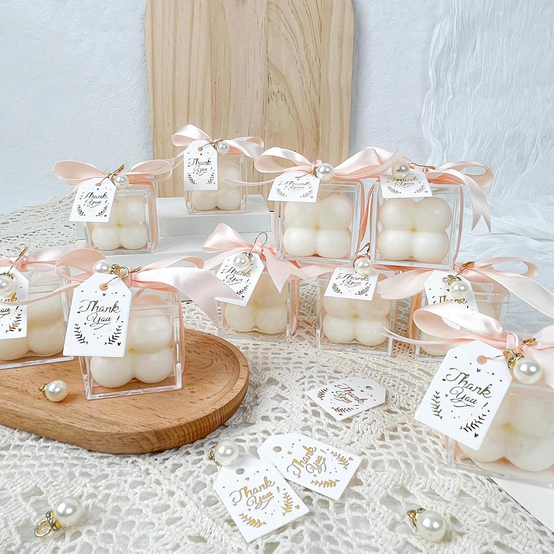 18 Sets Wedding Favors for Guests, Mini Scented Bubble Candles with Acrylic Boxes Pink Ribbon Gift Tags and Pearl Accessories for Wedding Bridal Shower Baby Shower Gender Reveal Party