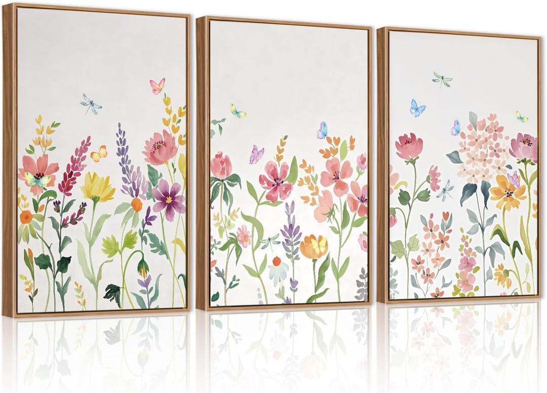 CHDITB Colorful Floral Framed Wall Art, Watercolor Flowers Wall Decor, Butterfly Flower Pictures Minimalist Wildflower Painting, Modern Home Art Prints for Girls Bedroom Living Room Office 24"x36"x3
