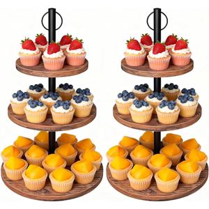Cupcake Stand, 2 Pack Rustic Wood Cake Stand, 3 Tier Cupcake Tower Round Tiered Tray Stand for Dessert Table Display, Industrial Wooden Serving Stand Wedding, Graduation and Baby Shower