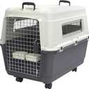 SportPet Airline Compliant LARGE 31.5" Travel Dog Kennel-Durable Plastic Airline Pet Carrier w/ Removable Wheels & Food Bowls, Collapsible Indoor/Outdoor Dog Kennel, Dogs up to 28"L & 20"H-Cream/Gray