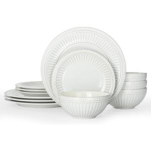 Famiware Garden 12-Piece Embossed Plates and Bowls Sets, Stoneware Reactive Glaze Dishes Dinnerware Set, Modern Rustic, Chip & Scratch Resistant, Microwave & Dishwasher Safe, Service for 4, White