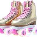 Roller Skate for Women, High-Top PU Leather Quad Skates Size 9.5 for Beginner, Laser Shiny Gold Double-Row Rollerskates for Girls Ages 8-50 Outdoor and Indoor