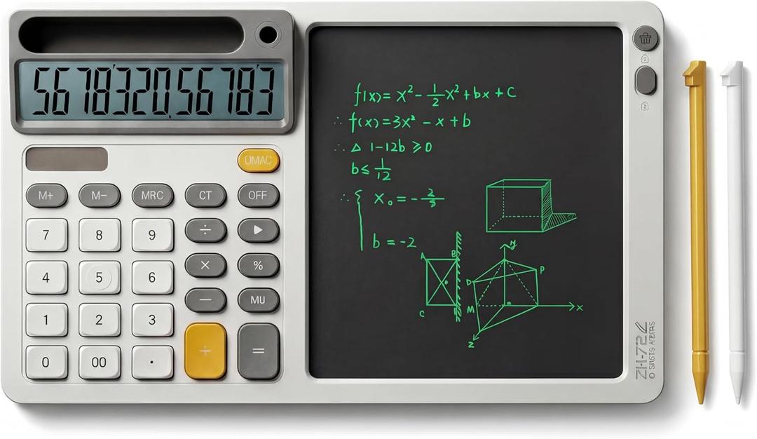 Solar Desk Calculator with 7.5 inc LCD Writing Membrane, 15 Tilt for Easy Reading, Integrated Phone Stand, Voice & Silent Modes, Anti-Slip Pads for Stability, Ideal for Office & Study Use