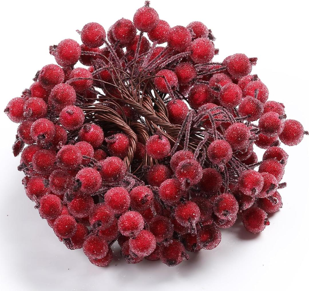 100 Wired Stems of Artificial Holly Berries Artificial Flower Decor 200 Pack 12 mm Mini Christmas Frosted Fruit Berry (Dark Red)