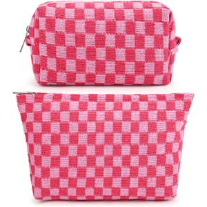 SOIDRAM 2 Pieces Makeup Bag Large Checkered Cosmetic Bag Capacity Canvas Mix Travel Toiletry Bag Organizer Cute Makeup Brushes Aesthetic Accessories Storage Bag for Women, Checkered Mix Rose Red