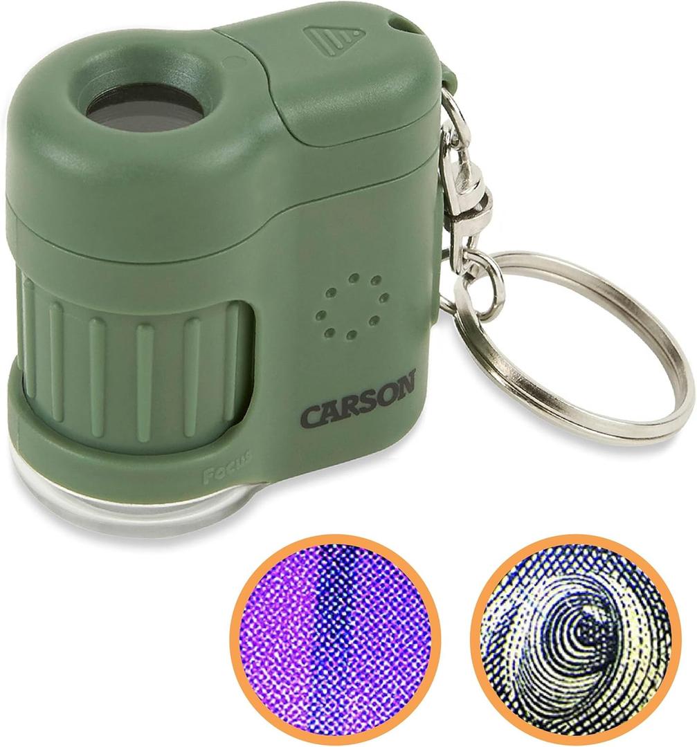 Carson MicroMini 20x LED Lighted Pocket Microscope with Built-in UV and LED Flashlight, Green (MM-280G), Large