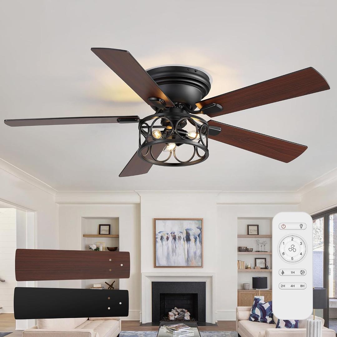 52 Inch Farmhouse Rustic Ceiling Fans with Lights, Black Industrial Ceiling Fan with Wood Finish Blades, Reversible DC Motor, Flush Mount Caged Ceiling Fan for Bedroom, Living Rooms, Dining Room, Medium