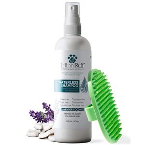 Lillian Ruff Waterless No-Rinse Dog Dry Shampoo Spray with Hydrating Essential Oils - pH-Balanced Dry Shampoo for Dogs - Clean, Condition, Detangle & Deodorize Dry, Sensitive Skin (16oz/Brush)