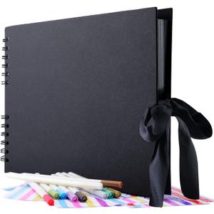 GOTIDEAL 80 Pages Scrapbook Album with 10 Metallic Markers,Craft Paper Photo Album for Wedding and Anniversary, Family DIY Scrapbook Accessories with Scrapbooking Stickers Corners(Black) (11.5*8.5 Inches 80Pages)