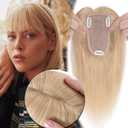 MY-LADY Human Hair Toppers for Women Real Human Hair with Bangs Thin 7 * 13CM Silk Base with Lace Clip in Remy Hairpieces 150% Density 12 Inch Natural Blonde