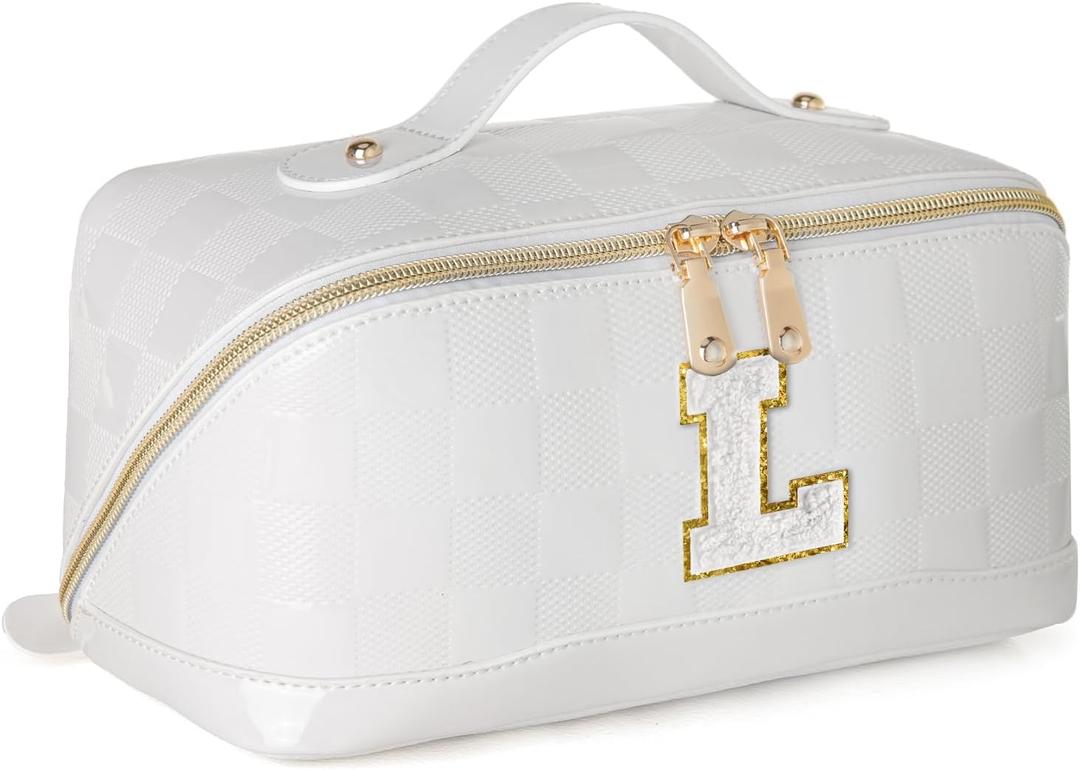 2 x Initial Makeup Bag Large Capacity Travel Cosmetic Bag for Women PU Leather Open Flat Toiletry Bag with Handle and Divider Personalized Gifts for Women (Cream White L)