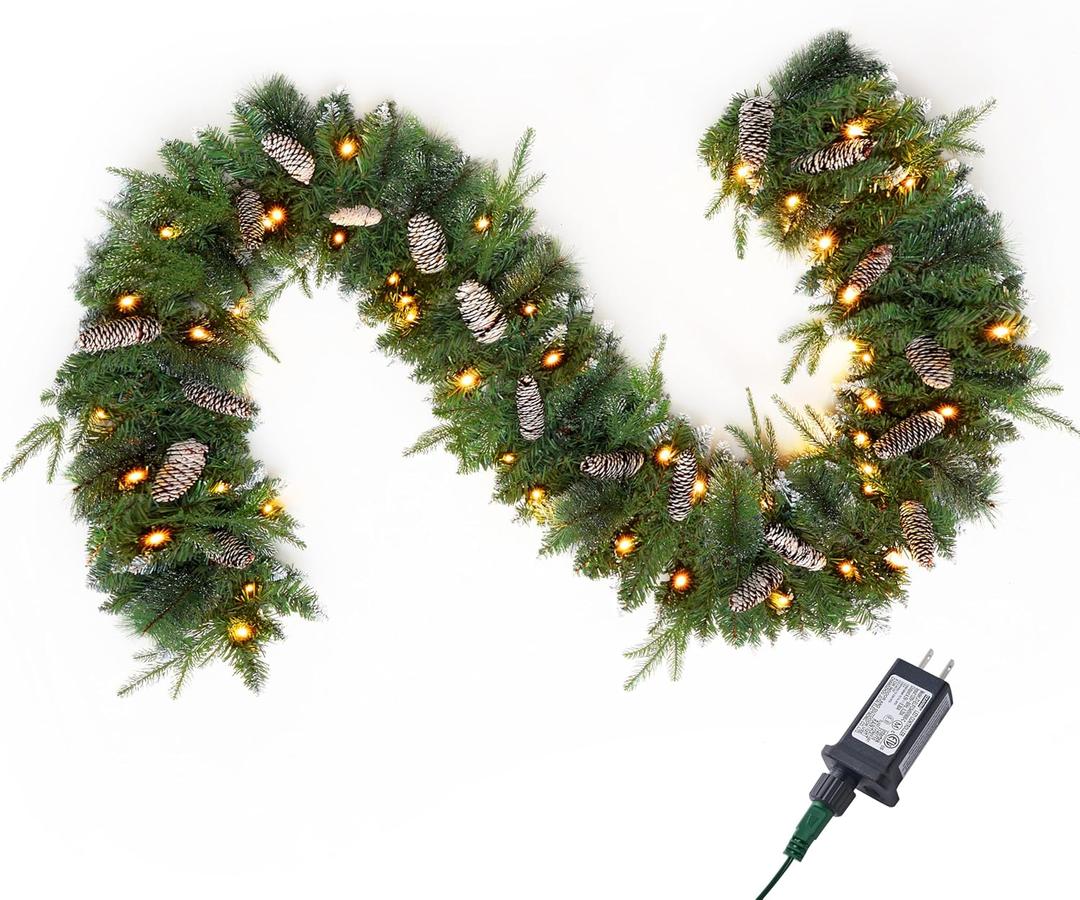 Joiedomi 9FT Christmas Flocked Garland (Cone) Pre Lit with 50 Count Warm White String Lights for Winter Christmas and Holidays, Decorated with Pine Cones, Plug in Lighted Pine Garland, Xmas Collection