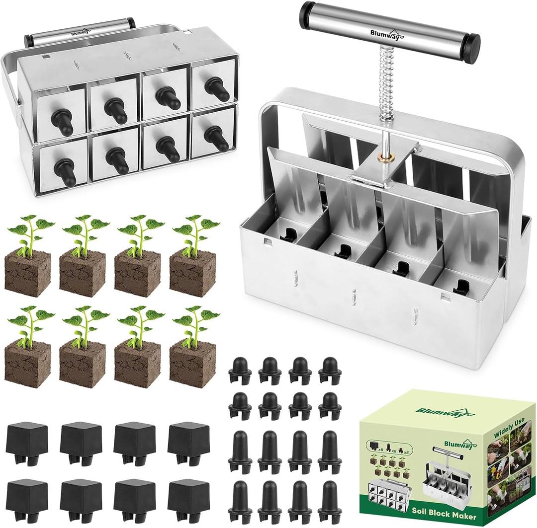 BlumWay Upgraded Soil Blocker, 8 Cell Seed Blocker 2 inch Quad Soil Block Maker Manual with 3 Types of Seed Pins,Hand-held Soil Blocking Tool for Seed Stater Tray Outdoor Plants