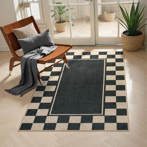 Moynesa Easy Jute Rug Checkered Outdoor Patio Rug 3x5, Washable Rugs for Entryway Non Slip Bordered, Indoor Outdoor Carpet for Living Room Bedroom Kitchen Farmhouse Backyard, Black (Checkerboard)