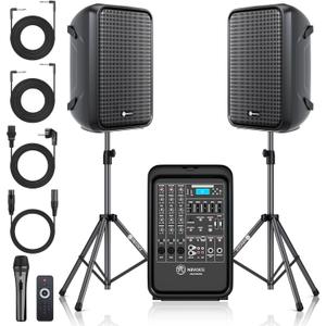 Professional Portable All-in-One Integrated 2-Way PA System Fixed Setup, Suitcase Design w/ 8-Channel Mixer, 2 Speaker Stands, Bluetooth, Mic for Performances, Presentations