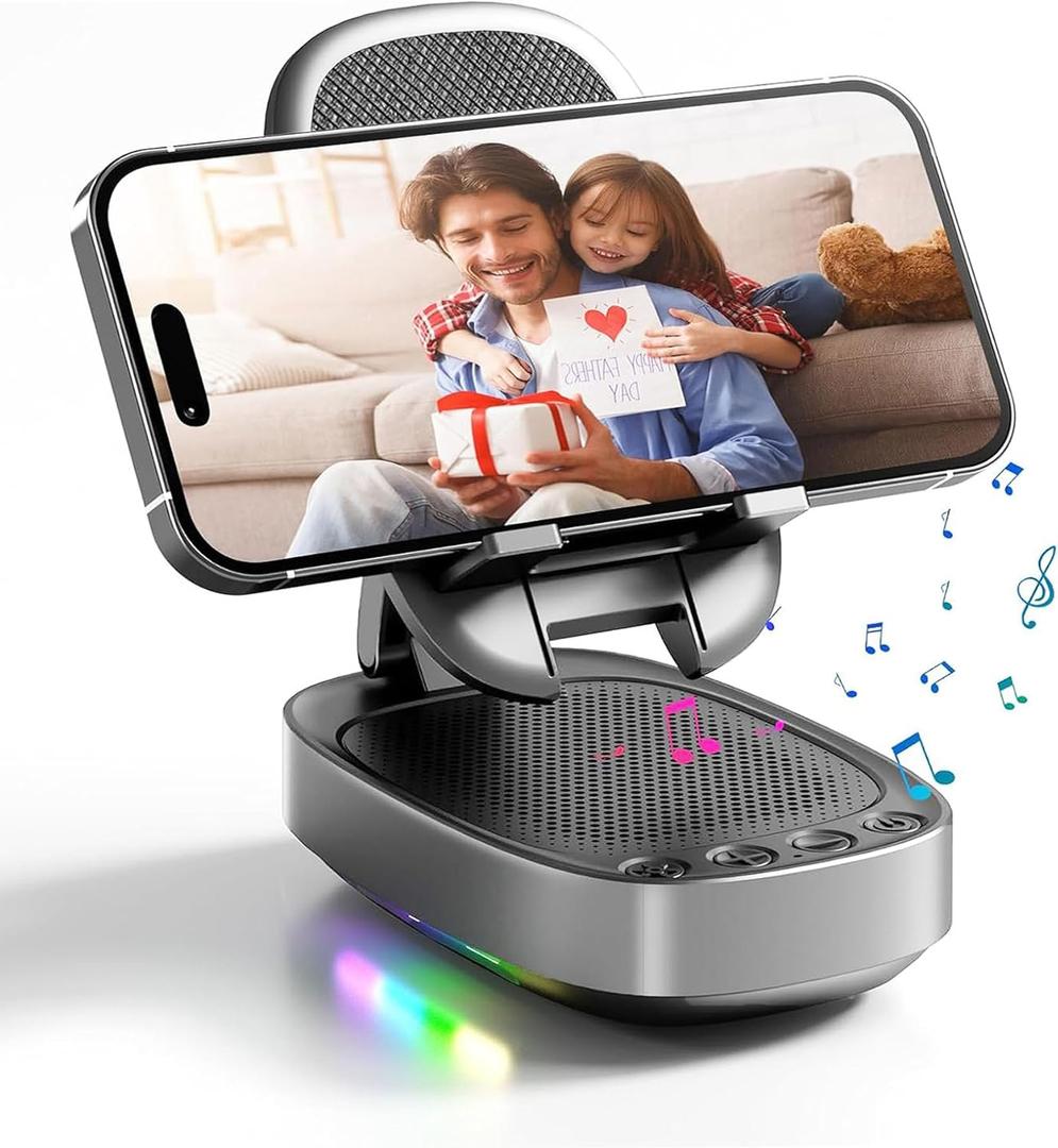 Gifts for Men Woman,Phone Stand with Wireless Bluetooth Speaker for Men with LED Atmosphere Light HD Surround Sound Speaker for Home,Office,Birthday,Anniversary,Compatible with iPhone/iPad Tablet (Black)