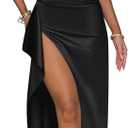 Memoriesea Women's Plus Size Satin Sexy One Shoulder High Split Cocktail Wedding Party Maxi Dress (Large, Black)