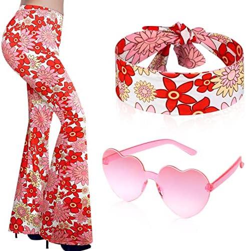 Tisancy 2 Pcs 60s 70s Outfit for Women Hippie Costume Set Disco Flared Pants Groovy Outfit Party Accessories, Size Large