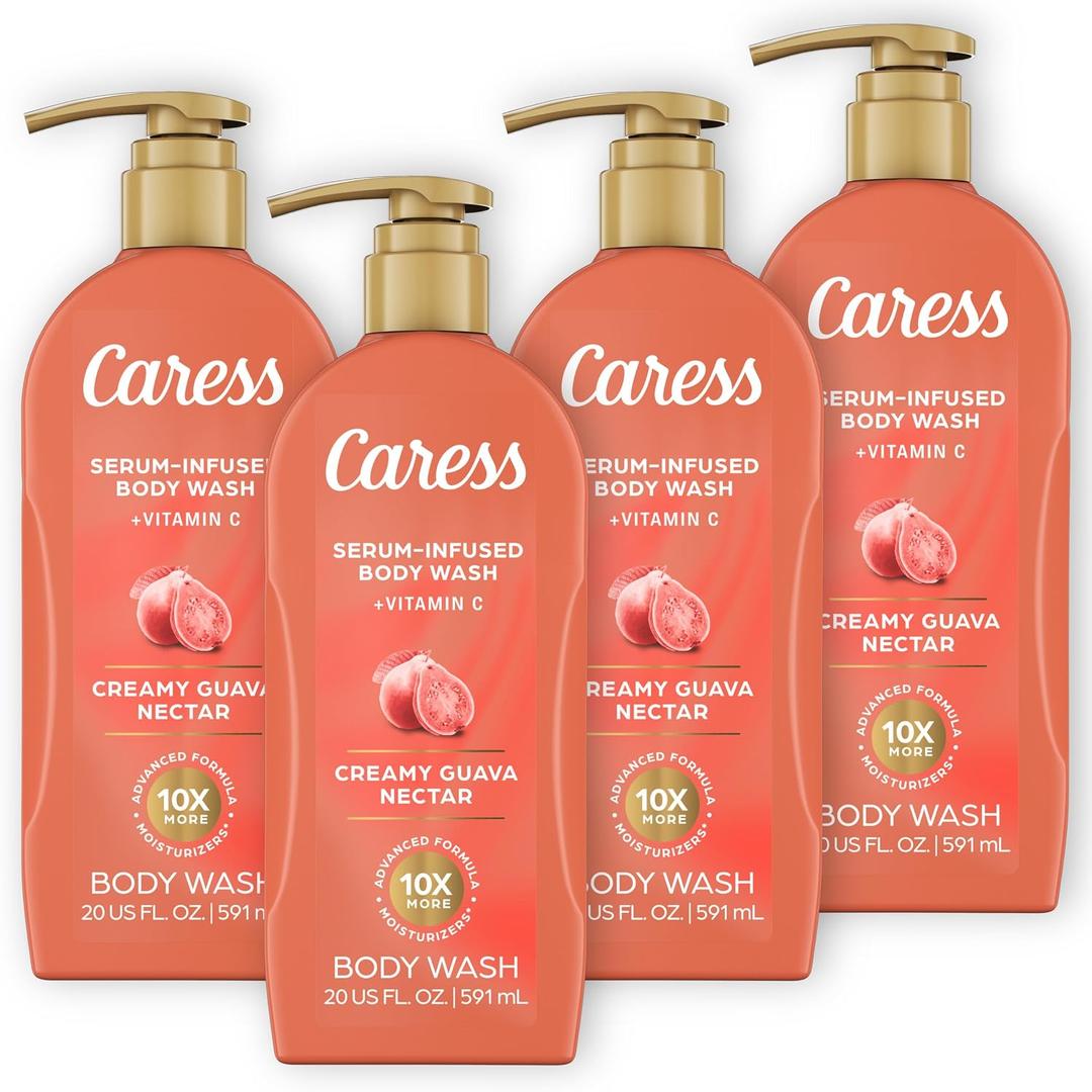 Caress Creamy Guava Nectar Moisturizing Body Wash with Pump, Serum-Infused Formula with Vitamin C, Fruity Citrus Woody Long Lasting Fragrance, Dermatologist Tested, 20 fl oz (4 Pack)