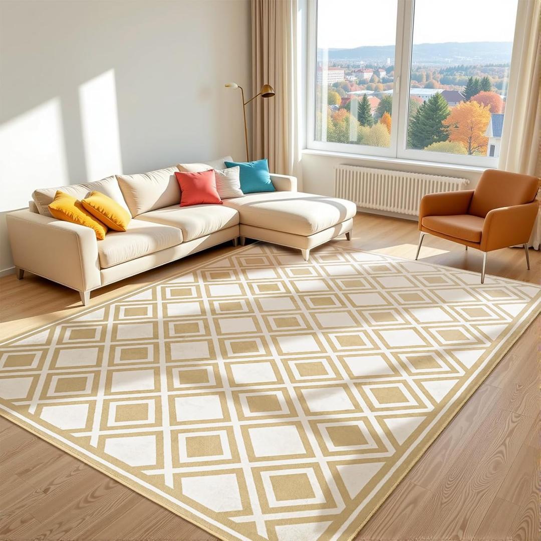Area Rug 5x7, Washable Checkered Rug Non Slip, Modern Geometric Indoor Low Pile Carpet for Bedroom Living Room Kitchen Laundry Playroom, Beige and White