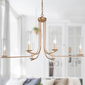 Durent Lighting Gold Chandelier Light Fixture, Modern 6-Light Candelabra Chandelier with Clear Glass Shades, 36Wx21H Large Ceiling Hanging Light for Dining & Living Room, Bedroom, Kitchen Island