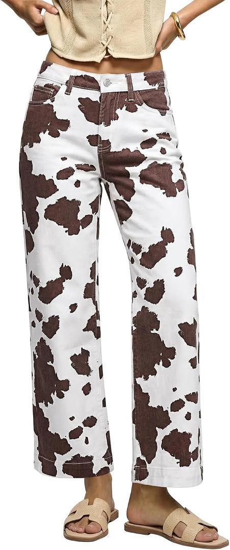 luvamia Wide Leg Jeans Woman Trendy High Waisted Leopard Cheetah Print Ankle Length Stretchy Denim Pants with Pockets (White, Large)