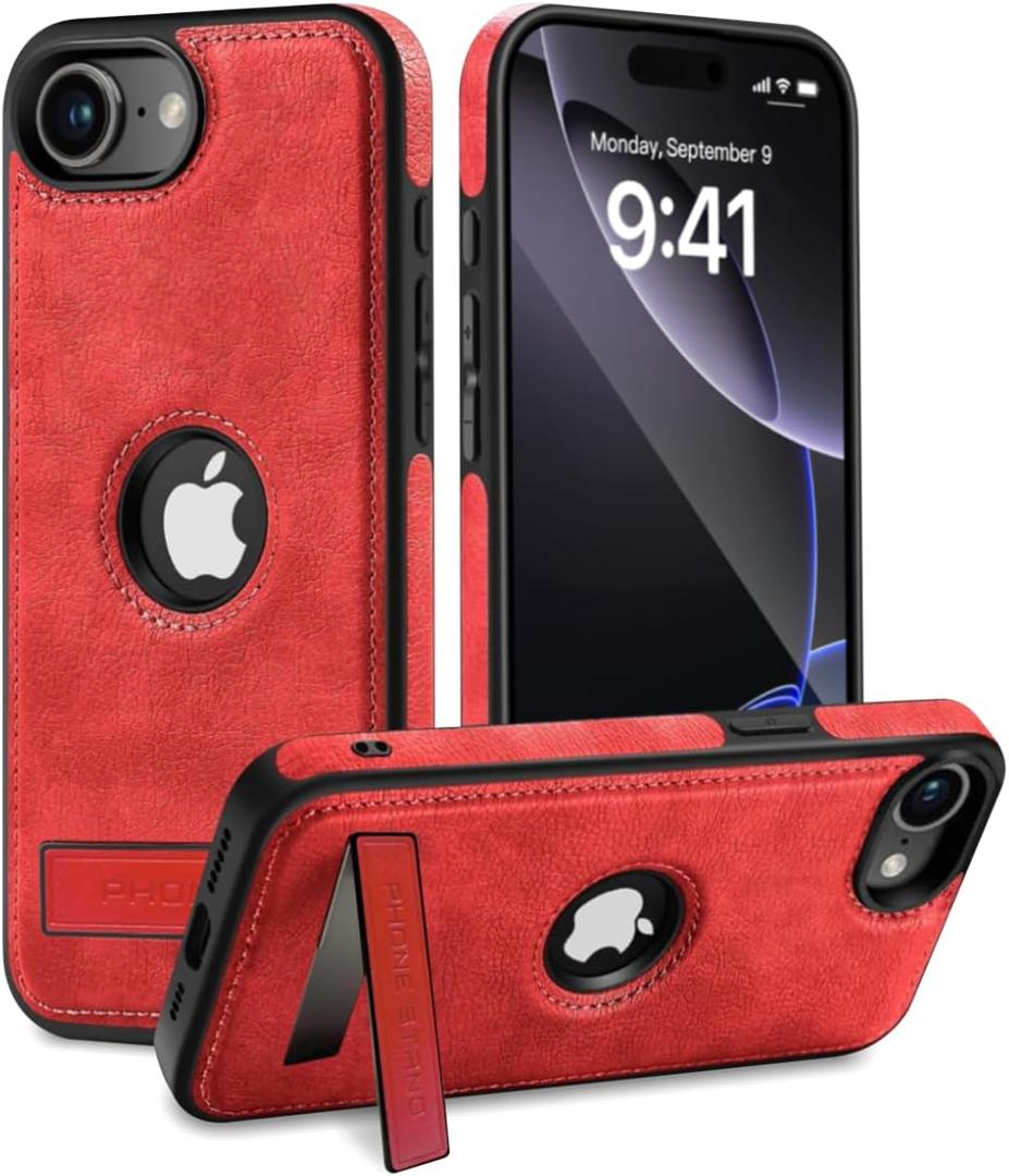 for iPhone 16E Leather Case, Built-in Foldable Alloy Stand, Logo View Design Slim Shockproof Kickstand Phone Cover 6.1 Inch (Red)