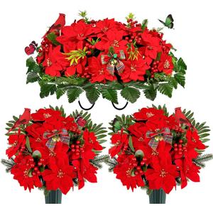 Christmas Cemetery Flowers Saddle for Grave Decoration, Xmas Red Poinsettia Berry Headstone Flower Saddle,Realistic Memorial Bouquets