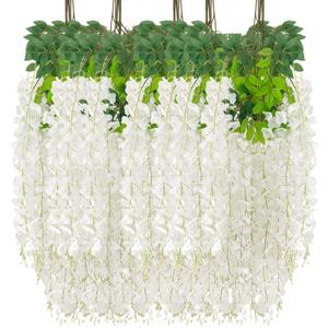 24 Pack White Wisteria Hanging Flowers Garland, 3.77 Feet Artificial Flower Vines, Fake Wisteria, Artificial Vines Hanging Garland for Backdrop Outdoor Yard Garden Decor