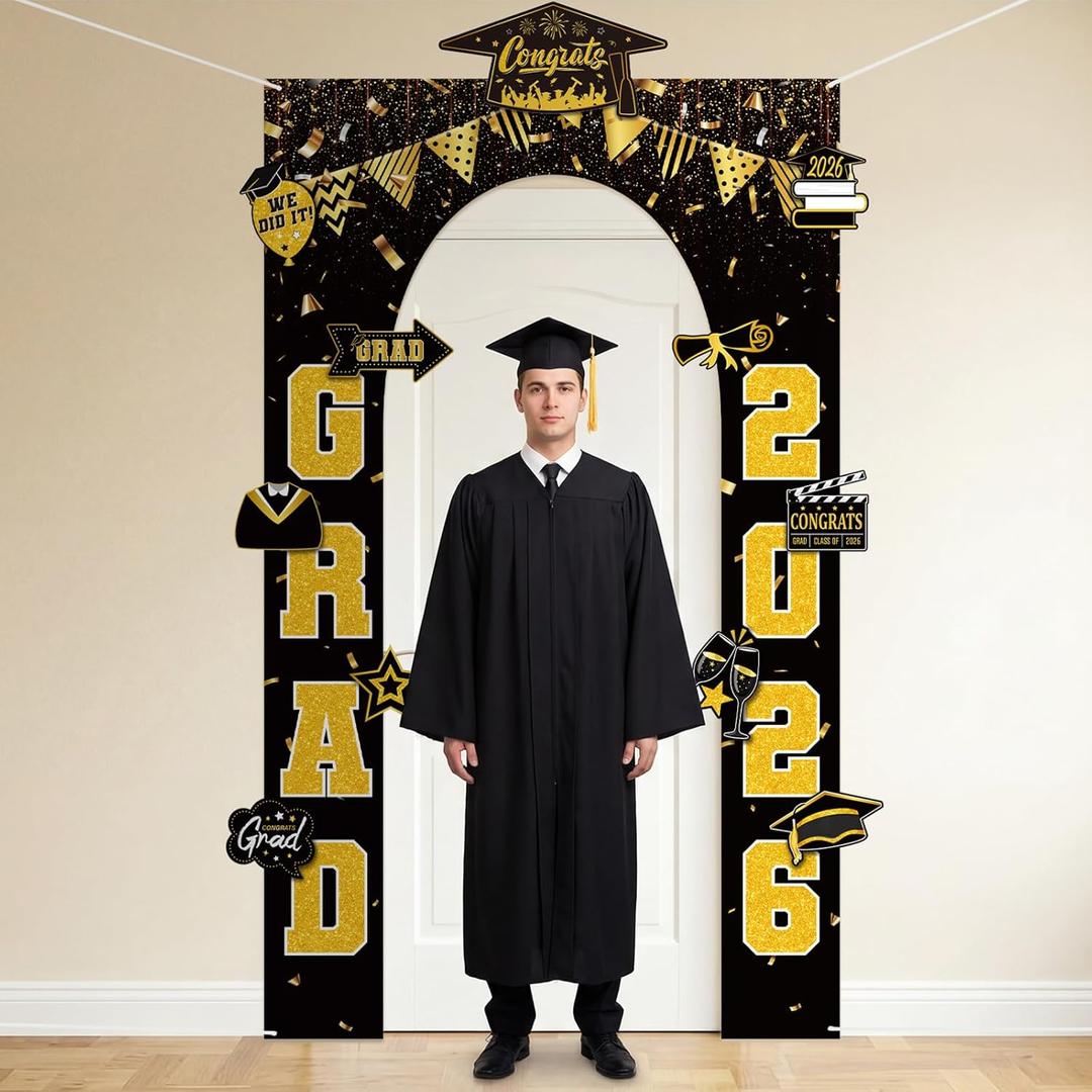 12 Pcs Graduation Decorations Class of 2026 Photo Booth Props 79" x 47" Black Gold Congrats Grad Door Banner Backdrop with 11 Decorative Cards Graduation Party Decor for High School College