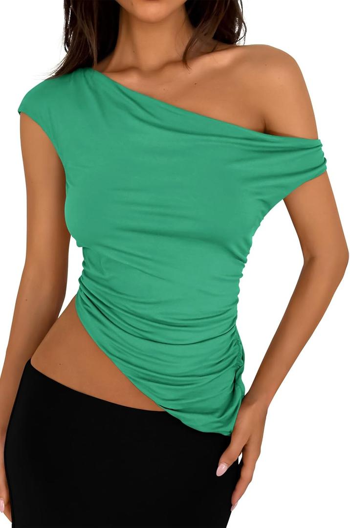 PRETTYGARDEN Womens Off The Shoulder Y2K Tops 2026 Summer Sleeveless Asymmetrical Ruched Going Out Tank Top Fashion Clothing (Green, M)