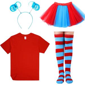 Women Tulle Tutu Costume Accessories Set, Women T Shirt Striped Thigh High Socks Adult Tutu Skirt Blue Headband (Large, Funny Color)