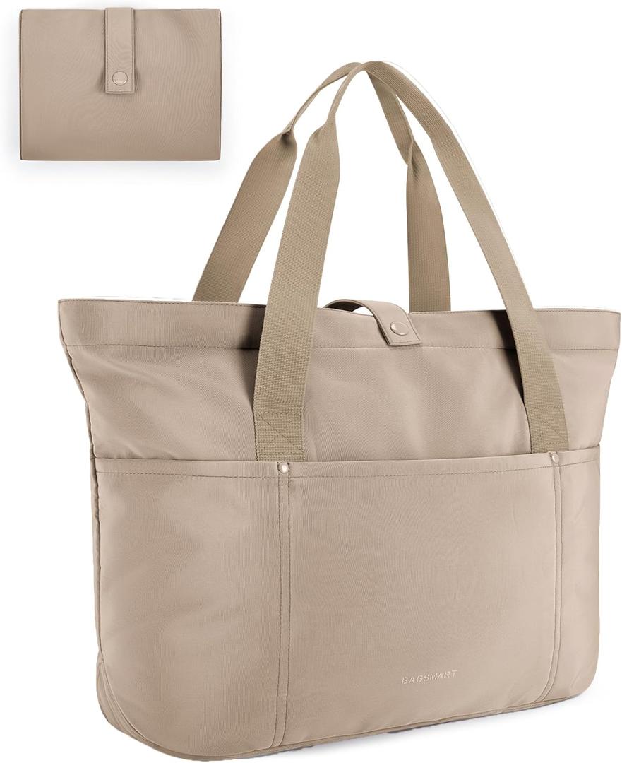 BAGSMART Tote Bag for Women, Foldable Tote Bag With Zipper Travel Large Shoulder Bag Handbag for Work-16.5''l X 6''wx 14''h