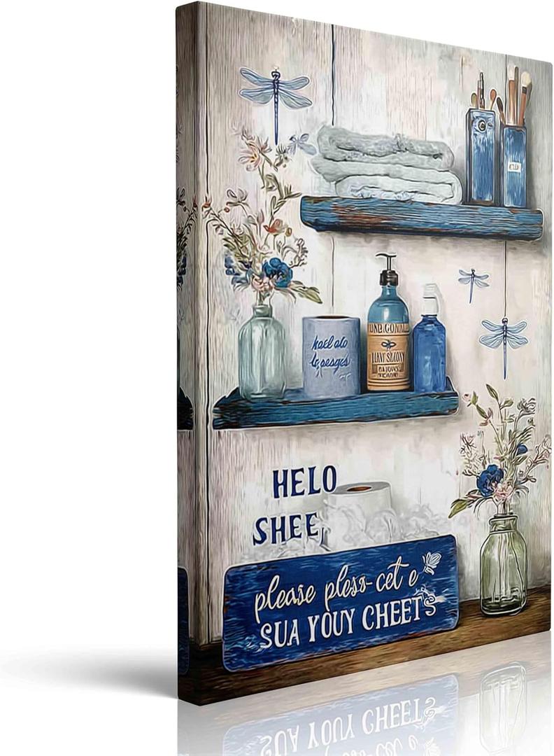 MAQCM Navy Blue Bathroom Decorative Wall Art Rustic Blue Bathroom Canvas Wall Decorative Please Sit In Your Own Logo Painting Painting Retro Aesthetic Pictures Artwork Decoration 16x24 Inches