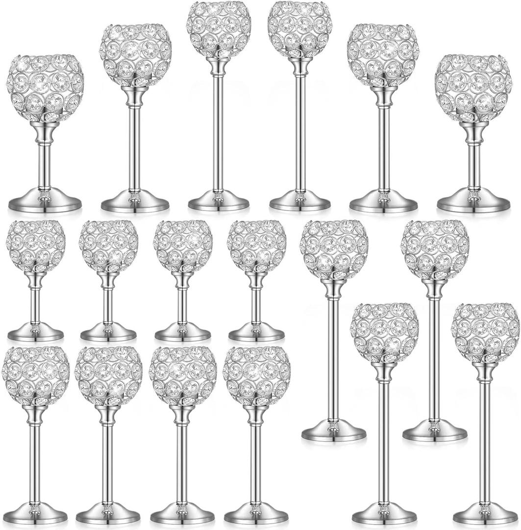 Qunclay 18 Pieces Crystal Candle Holders Bulk Candle Stick Holder Centerpieces for Table Wedding Centerpieces Crystal Decorative Tealight Dining Table Decor for Party(Silver)