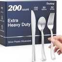 200 Count Heavy Duty Silver Plastic Silverware, 100 Forks, 50 Spoons, 50 Knives, BPA-Free, Heat Resistant, Disposable Plastic Utensils Set Cutlery Set, Plasticware Bulk