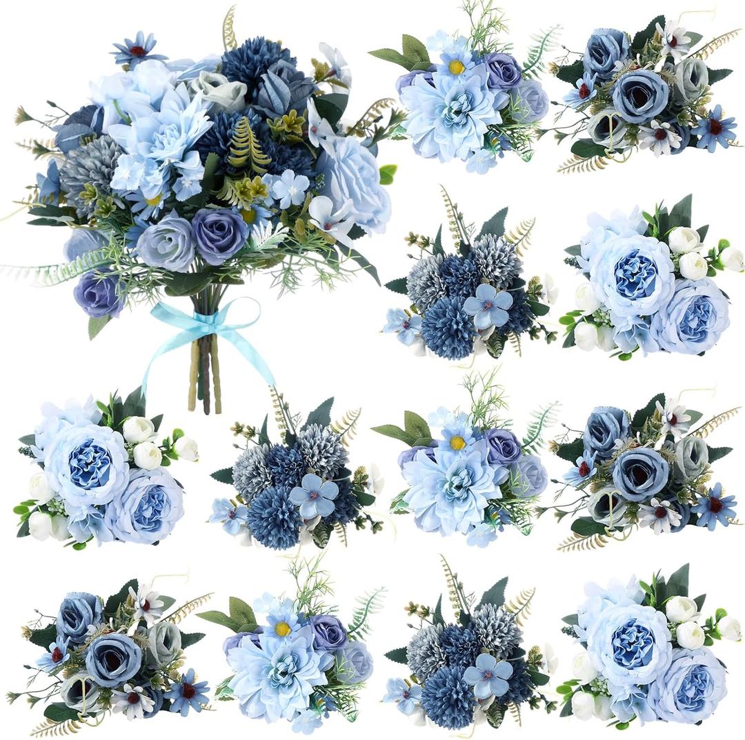 Zeyune 12 Bundles Gradient Blue Artificial Flowers Peonies Silk Dahlia Faux Rose Fake Chamomile Hydrangea Bouquet Floral Arrangements Bulk for Home Vase Wedding Party Table Centerpiece (Peonies)